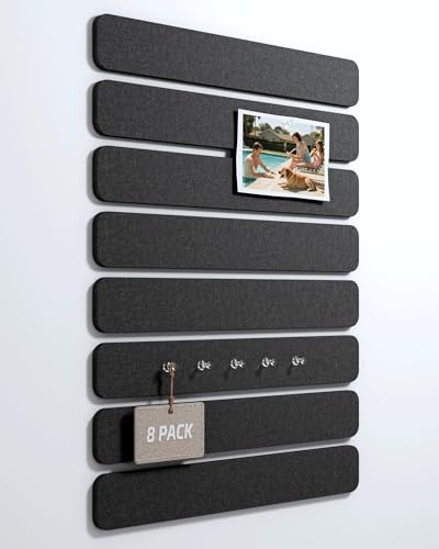 LeKuni Tableau Feutrine pour Bureau 33x5 cm, Lot de 8 Panneaux Muraux en Feutre avec Autocollante et 30 Punaises, Tableau Photo/Memo/Affichage pour école, maison, cuisine -Noir