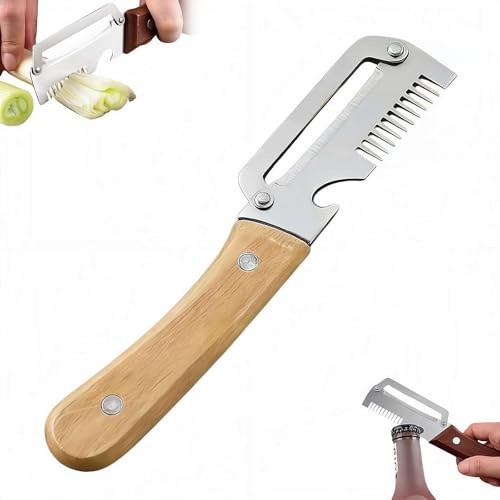 Pelador de verduras y frutas 3 en 1, multifuncional para cocina, pelador de verduras con mango de madera, dientes de peine de cebolla verde y abridor de botellas, herramienta de cocina profesional