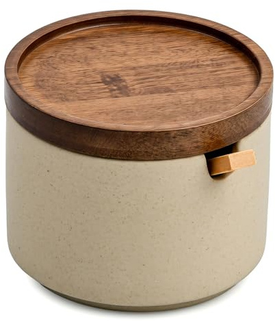 Duronge Azucarero de Cerámica con Cuchara, Azucarero con Tapa de Madera de Acacia, 225 ml Recipientes Cerámica para Almacenar Granos de Café, Azúcar, Té, Especias