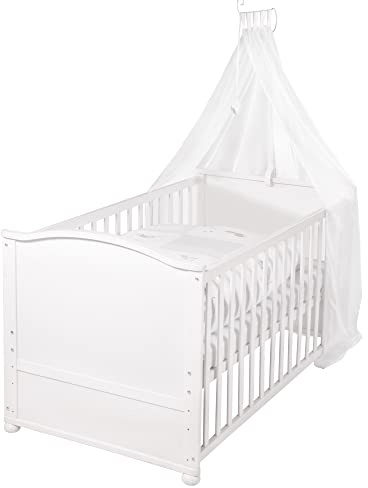 roba Babybett Set Fox & Bunny - 70 x 140 cm - Mitwachsendes Kinderbett mit Bettwäsche, Himmel, Matratze - Höhenverstellbar - zu Juniorbett umbaubar - Holz weiß