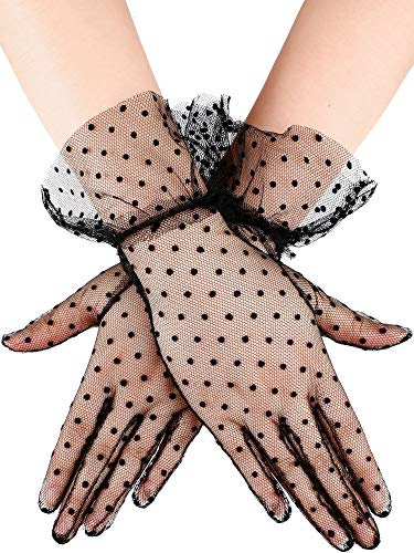Boao Women Lace Gloves Tea Party Gloves Polka Dot Mitten Evening Elegant Accessories for Sun Protection Funeral Halloween(Black)