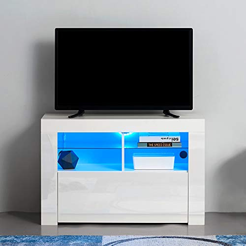 Panana Corner TV Stand, Modern RGB LED Entertainment Unit Cabinet White Matt Body & Front High Gloss Door Media Television Stands (White LED1)