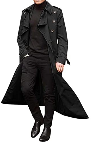 Mellanlång dubbelknäppt vardaglig trenchcoat för män, Svart