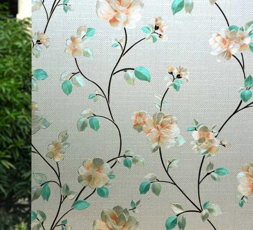 VSUDO Privacy Window Film, Jasmine Flower Pattern Window Tint for Home, Static Cling Window Glass Sticker (60x300 cm)
