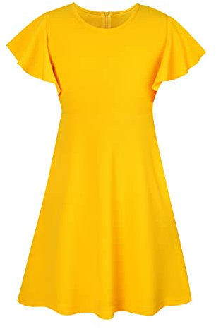 SFreeBo Kids Skater Dress Girls Dresses 9-10 Years Casual Flutter Sleeve Cute Dress for Girls Yellow Summer Sundress with 2 Side Pockets