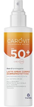 Carovit Protezione Solare Spray, SPF 50, Protegge da UVB e UVA, Latte Corpo Dermoprotettivo per Pelli Sensibili, 200 ml