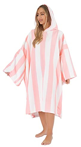 Dreamscene Women Changing Robe, Soft Absorbent Beach Towel Poncho for Bath Swim Surf Large Microfibre Hooded Towel for Adults Quick Dry Lightweight Swim Towels - Blush Pink Stripe