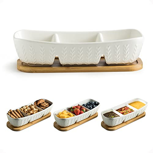 Miamolo 3 Compartment Condiment Tray, Chip and Dip Bowl with Wooden Serving Tray, Perfect for Snacks, Appetizers, Charcuterie, Chips, Candy, 10-inch Chip and Dip Serving Set for Parties