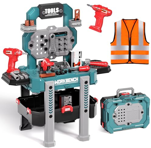 Deejoy Kids Tool Bench with Realistic Tools and Electric Drill, 79 Pcs Realistic Toy Tools with Clothes, Toddler Tool Bench Learning Gift for Boys & Girls Age 3-5 (Green) 32x26.6x14.4 in
