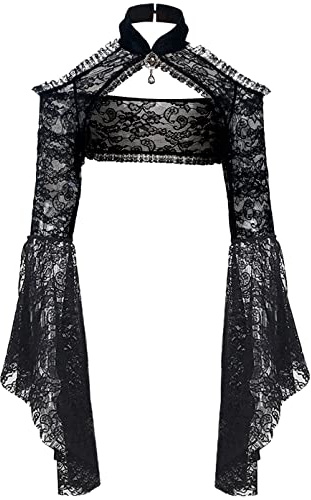 keland Gothic Cardigan Cache Epaule en Dentelle Boléro à Manche Longue et évasées Y2K Crop Top pour Femme Sorcière Cosplay (Noir-2, Moyen)