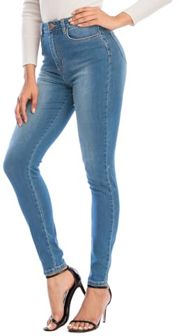 Ecupper Jeans Femme Taille Haute Slim Skinny avec Poches Pantalon Stretch Classique Bleu Claire-1 Bouton XL