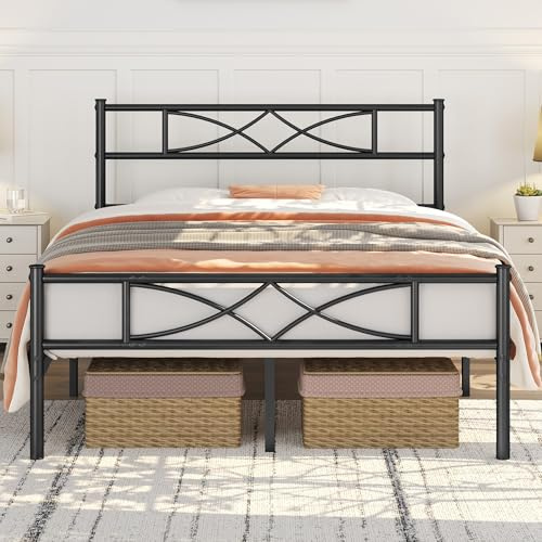 Yaheetech 4ft6 Double Bed Frames Metal Slatted Bed Platform with Curved Design Headboard and Footboard, Under-bed Storage, No Box Spring Needed, 12 Built-in Steel Slats, Black