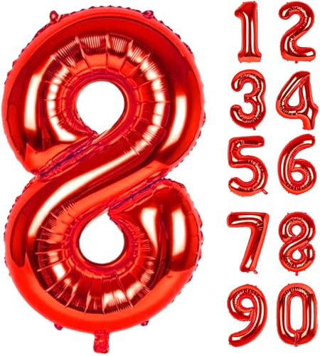 LAPONO Globos de Cumpleaños 8 Año Rojo, Numeros Helio Número Globos Grandes (83cm) Foil Globo Número Decoracion 8 Años Cumpleaños Niño Para Boda Aniversario Fiestas Decoración