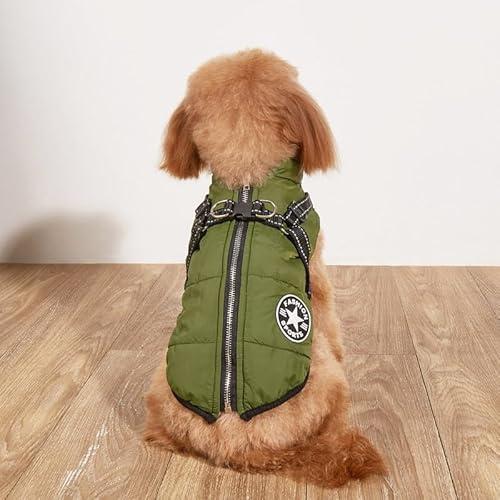 Abrigo para perros de invierno, abrigo cálido de invierno para perros, chaqueta de forro polar, reflectante con arnés integrado, impermeable, resistente al viento, con cremallera (verde, L)