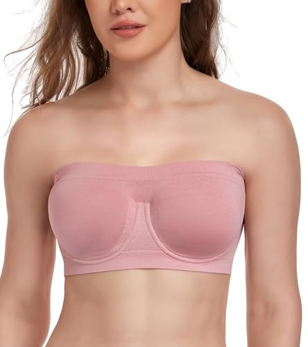 Lemorosy Women's Non Padded Underwire Strapless Bra Multiway Bandeau Tube Top Bralette(Pink,M)