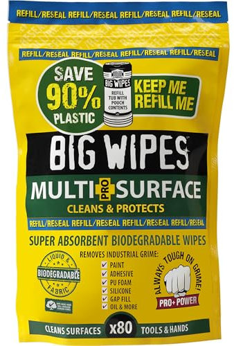 Big Wipes Bolsa de recambio de toallitas industriales multisuperficie, 80 toallitas. Utiliza un 90% menos de plástico, toallitas profesionales biodegradables, 4 disolventes de base biológica,