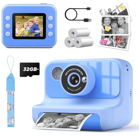 Appareil Photo Enfant Instantané,LETSHAHA 1080P 20MP 10X Appareil Photo Instantané Enfant avec 3 Rouleaux Papier Thermique Noir Blanc, Carte 32 Go,Cadeau pour Enfants de 3 à 12 Ans Garçons et Filles