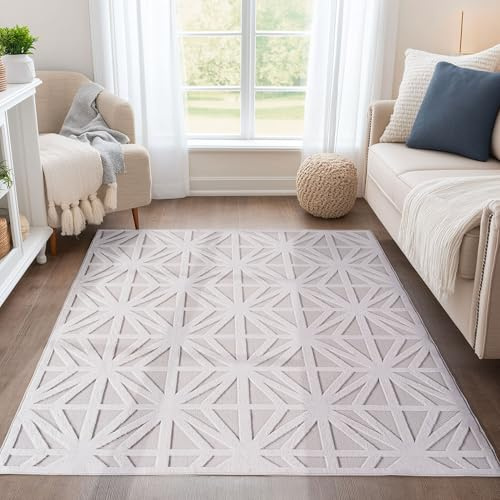 Teppium Indoor Outdoor Teppich, 3D Optik, Rauten Design, waschbar, wetterbeständig, Natur Creme, 80x150 cm