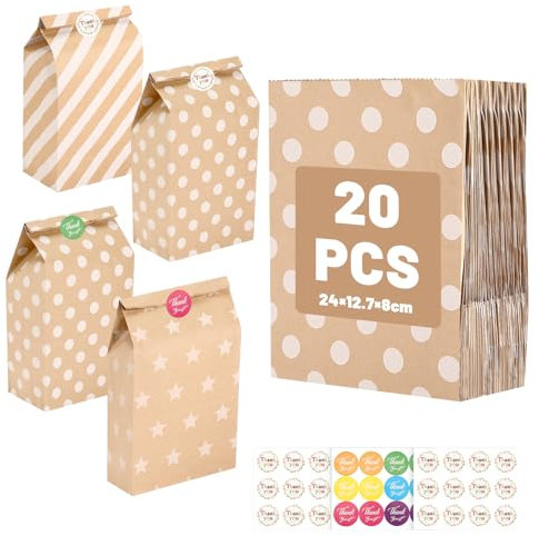 Ledebouk Papiertüten Kindergeburtstag, 20 Stück Geschenktüten Braun Tüten Papier mit 24 Aufkleber, Candy Tüten für Verpacken von Geschenken Giveaways Festivals Partys 24×12,7×8 cm