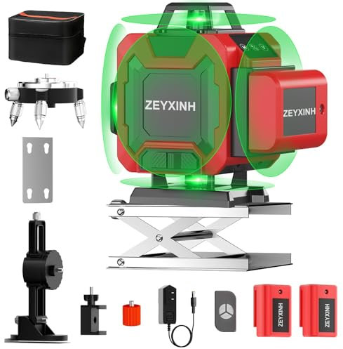 Niveau Laser 4 x 360°, 4D 16 Lignes Niveau Laser Verte Vertical Horizontal pour la Construction et l'alignement, Autonivellement et Mode Pulsé Extérieur, 2 x Batterie, Support Rotatif, Télécommande