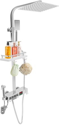 Duschsystem, duscharmatur med termostat och armatur, 4 massagemunstycken, justerbar höjd 75–110 cm, duschpelare i rostfritt stål för hotell, badhus