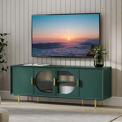 HOLTICO TV Stand Unit, Modern Green TV Stand Cabinet with Storage and 4 Doors, Wooden Console Table for 65/70/75 Inch Television, TV Units for Living Room, Bedroom