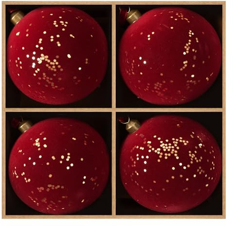 DN DECONATION 4 Weihnachtskugeln 10cm, Rote Flockung Christbaumkugeln mit Gold Glitzer, Shatterproof Weihnachtsbaumschmuck für Weihnachtsbaum Deko, Fenster, Wohnzimmer, Festtagstisch