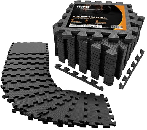 18Pc Interlocking Soft Foam Floor Mat - Exercise EVA Puzzle Tiles, Protective Gym Flooring, Ground Surface Protection, Workout Underlay Matting Sports Pool Home Fitness Garage Gymnastic (Black)