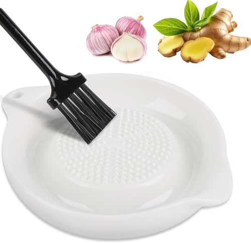 Garlic Grater Plate, Ceramic Ginger Garlic Grater with Mini Brush - Porcelain Grater Plate for Ginger Garlic Onion & Spices, Easy to Clean, Dishwasher Safe Kitchen Tool