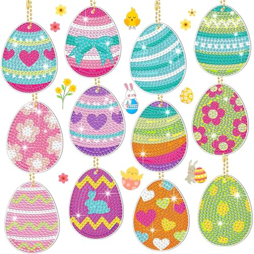 CATZUM Set DIY di ciondoli a forma di uova, 12 pezzi, 5D Diamond Painting con diamanti decorativi, Double Face, regalo creativo per bambini, pittura dell'uovo di pasqua e decorazioni pasquali