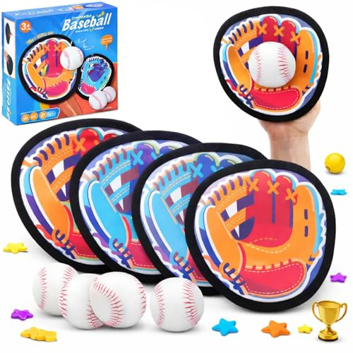 Toss and Catch Ball Set - Includes 4 Paddles 4 Sticky Balls, for Toddlers Teenagers and Adults, Outdoor Throwing and Catching Games, Outdoor Games, Yard Games, Beach Toys, Pool Toys (3+)