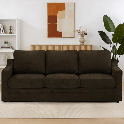ACMEASE 83” Chenille 3 Seats Sofa w/Comfortable Back Cushions & Curved Armrests, Modern Couch w/Deep Seat Space, Upholstered 3 Seater Sofa w/High Resiliency Foam for Living Room, Brown