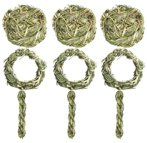 SHOWERORO 9pcs Small Pet Molar for Chinchilla and Guinea Pig, Natural Grass Chewing that Promote Fun and Exercise, Green Pet Teeth Grinding Snack for Rodents