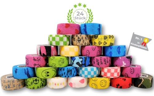 LisaCare Fixation Bandage 2,5cm x 4,5m | Set of 24 with Motifs | cohesive Bandage | Wound Dressing | Plaster Bandage | Elastic, Stretchable, self-Adhesive, Without Adhesive