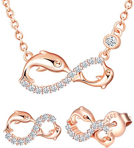Yumilok Ensemble de bijoux collier et boucles d'oreilles, collier pendentif et clous d'oreilles de dauphin et de symbole de l'infini en argent 925, bijoux pour femme et fille, zircon incrusté, or rose