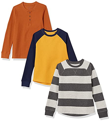 Amazon Essentials Boys' Long-Sleeve Thermal Waffle Knit T-Shirt, Pack of 3, 3-pack Rugby Stripe, Small