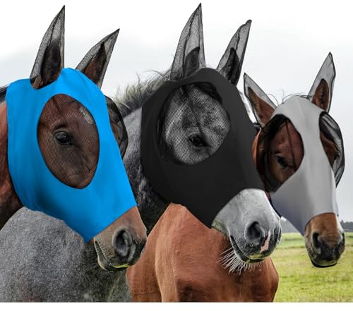 Weewooday 3 Pcs Horse Fly Masks for Horses Fly Masks with Ears Smooth and Elasticity Fly Mask with UV Protection(Black, Gray, Blue, L)