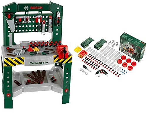 Theo Klein Banco De Trabajo De 77 Piezas Bosch, con Destornillador, Medidas: 57 Cm X 35 Cm X 86 Cm + 8497 Set De Construcción Multi Tech con Ixolino Bosch, Juguete para Niños A Partir De 3 Años