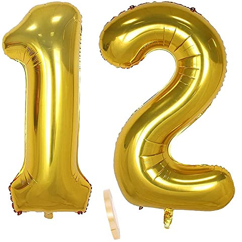 2 globos numeros 12 años, Number globo número 12 Dorado para niñas niños infantil, 40 Figuras Gold globo de lámina de helio inflable, gigante grande decoración fiesta de cumpleaños boda (xxxl 100cm)
