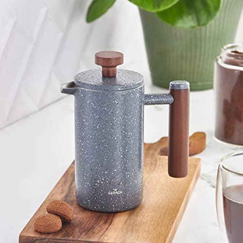 Karaca Pressa francese a doppia parete in marmo con manico in castagno, termoisolante, caffettiera francese per casa, viaggi e campeggio, 350 ml, grigio scuro