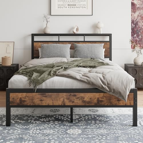 JELUTE Struttura per letto matrimoniale con testiera in legno, piattaforma in metallo, senza bisogno di molle, senza rumore, gambe di supporto rinforzate, colore nero