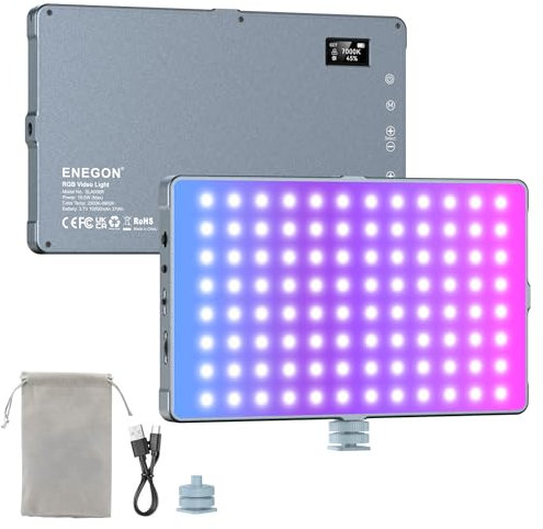 ENEGON Luz de Video LED RGB de 10000mAh – 276 Lentes LED con Pantalla OLED, 18.5W Máx, CCT 2500–9900K, CRI 96+, 21 Modos de Escena – para fotografía, Youtube, TikTok y videoconferencias