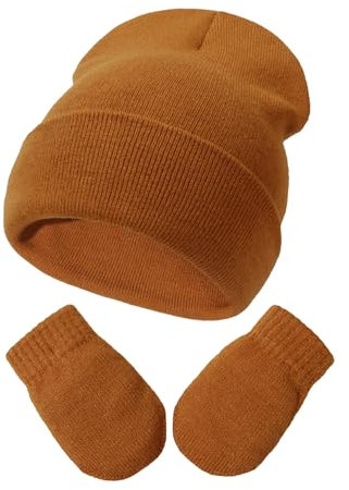 YANWANG Baby Beanie Mütze Fäustlinge Set Kinder Winter Warm Strickmützen mit Handschuhen für Kleinkinder Jungen Mädchen(S,caramel)