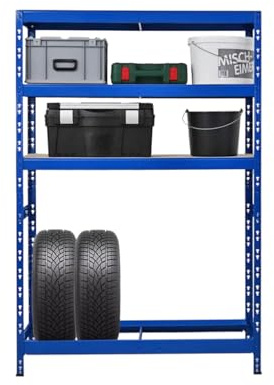 PROREGAL Reifenregal Tiger | HxBxT 180x120x40 cm | bis zu 6 Reifen auf 1 Ebene + 3 Ablagen | Blau | Werkstattregal, Lagerregal, Kellerregal