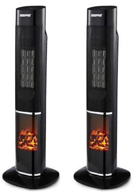 GEEPAs Oscillating Digital Tower PTC Energy Efficient Heater With 3D Flame (Pack of 2) | 2 Heat Settings Low Running Cost Ceramic Heater 24H Timer Remote Control Cool & Warm Blow Modes, Safety Cut-Off