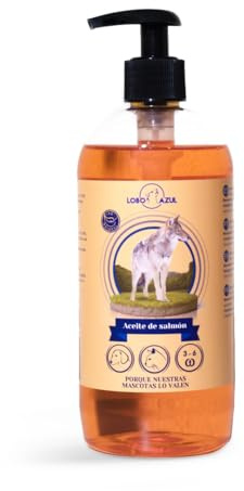 Aceite de Salmón para Perros y Gatos - Suplemento Natural para Pelaje Brillante, Salud Articular y Bienestar General - Omega 3 y 6-500 ml- Lobo Azul