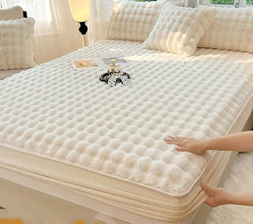 Mesnt Spannbetttücher Boxspringbett, 200x220cm Flauschig Bettzeug Spannbettlaken aus Milch Samt Weich und Knitterfrei, Bequem, Cremiges Weiß