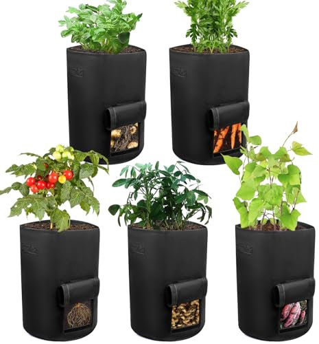5 Piezas Bolsa de Cultivo para Plantas, Maceta de Tela Cultivo de Patatas 40L, Bolsa de Siembra no Tejida con Ventana Abatible, Reutilizable Saco para Plantas, para Cultivar Hortalizas, Flores