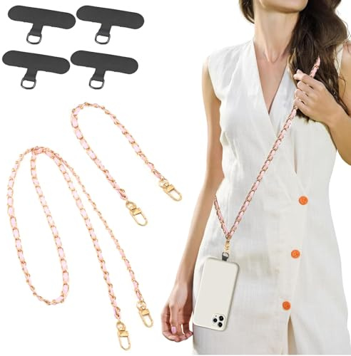 Diyxisk Cuerda para Movil, 2 Piezas 30/120cm Correa Movil, Cordon Moviles Cuello, Moda Cadena Bolso, con 4 Conectores, Adecuado para Fundas de Teléfonos Móviles, Bolsos de Hombro y Bolsos (Rosa)