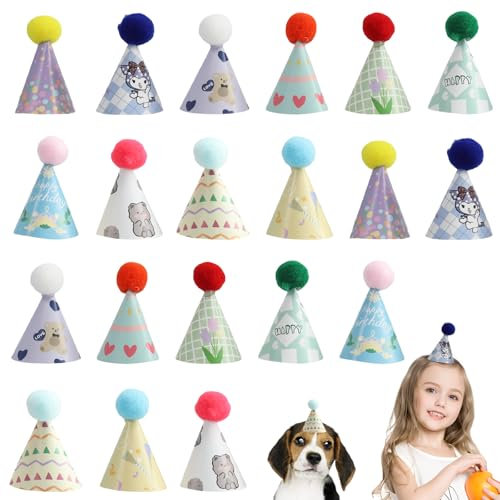 atnayo 20 Pcs Mini Party Hats for Toy Animals, Mini Birthday Hats with Pom Poms